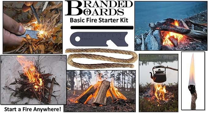 Bushcraft Fire Starter Kits. Ferrocerium Rod, Multi Tool Fire Striker, Waterproof Waxed Jute Rope Tinder, Survival Paracord, Emergency Whistle, Burlap Bag