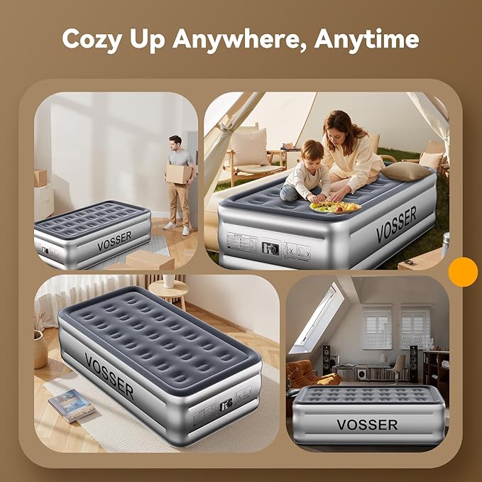 VOSSER Twin Air Mattress with Built in Pump,18” Raised Blow Up Mattress,Inflatable Mattress in 2 Mins,Single Twin Size Air Mattress for Camping,Floor&Travel, Air Bed for Adults,330LB Max
