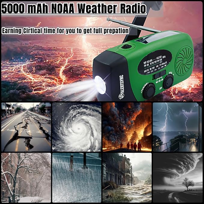 5000mAh Hand Crank Emergency Weather Radio, AM FM NOAA Solar Radio with Led Flashlight and Earphone Jack, Charger for Smartphone, USB-C Cable/Self Powered with SOS Alarm (Green)