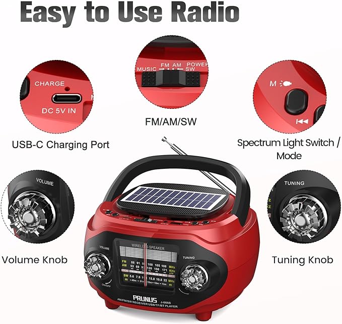 PRUNUS 15W Retro Bluetooth Speaker with Rich Bass Stereo Best Sound, Radio Portable AM FM, Solar/USB Rechargeable,Vintage Speaker Support AUX/USB Drive, Home,Party, Gift (2026 Update)
