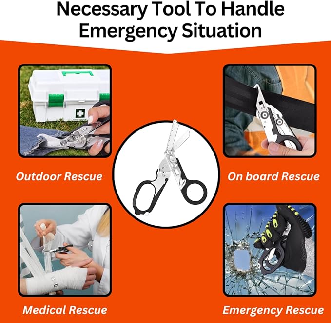 6 in 1 Multifunctional Trauma Shears Foldable with Strap Cutter | Heavy Duty Stainless Steel Emergency Response Shears | Survival Shears With Holster | Medical Trauma shears Tactical | Black