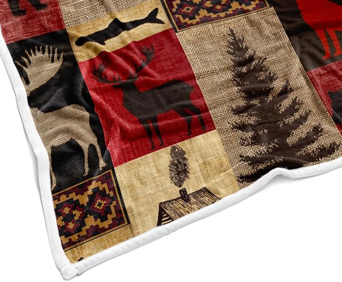 Torich Rustic Cabin Throw Blankets, Country Vintage Bear Moose Wood Cozy Warm Bed Couch Blanket, Farmhouse Hunting Camping Forest White Fleece Flannel Throws to Decorate The Room and Bedroom