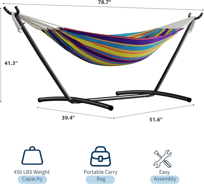 Garvee Double Hammock with Foldable Steel Stand and Carry Bag – Indoor/Outdoor Standing Hammock, 450 LBS Capacity, for Garden, Camping, Beach (Tropical)