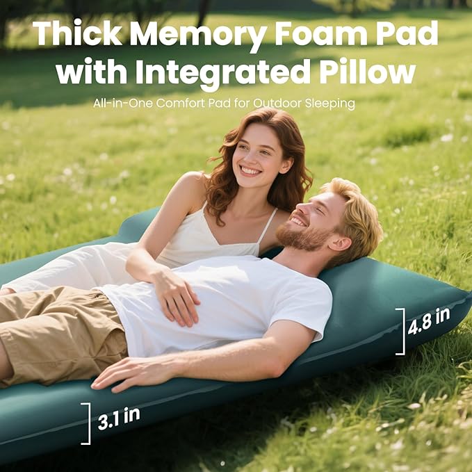 Double Camping Sleeping Pad with Electric Pump, 3.15" Thick 2 Person Self Inflating Memory Foam Mattress Pad with Pillow, Portable Sleeping Mat for Travel, Car, Tent- Dark Green, Full Size