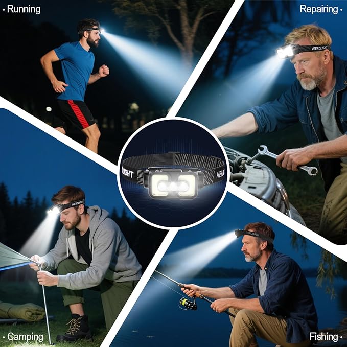 Rechargeable Headlamp with Red Light Motion Sensor Led Head Lamps for Adults Kids Waterproof Bright Hiking Headlights for Outdoor Camping Running Fishing 2 Packs
