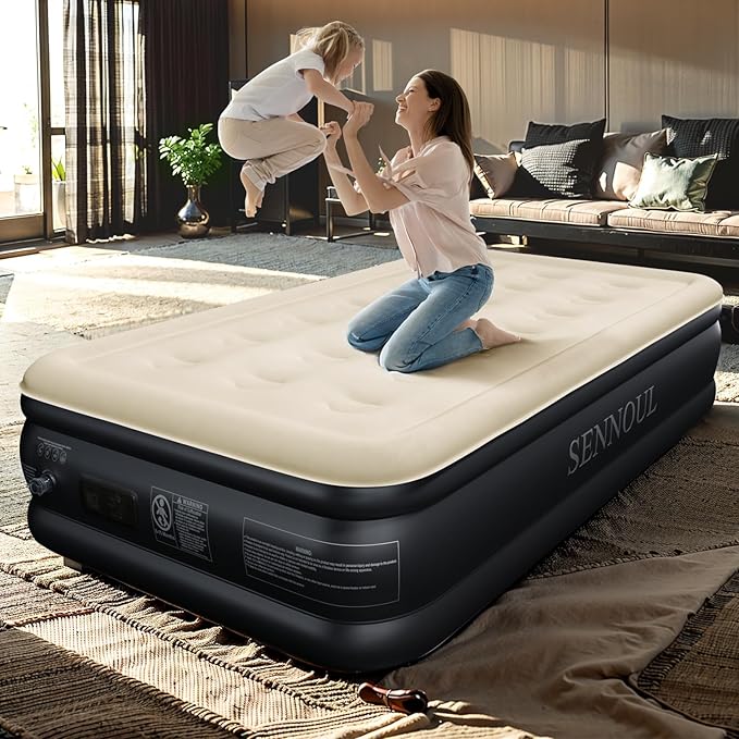 SENNOUL Twin Air Mattress with Built-in Pump,Fast & Easy Inflation/Deflation Inflatable Mattress, Foldable Blow Up Mattress with Storage Bag, Inflatable Bed for Home, Camping & Guests,18"/550lbs Max