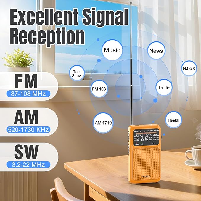 PRUNUS J-211 Portable Radio AM FM with USB Charging and AA Battery Operated, Transistor Radio, Strong Reception& Clear Speaker, Headphone Jack, Back Clip, Lanyard, Small radios Portable AM FM