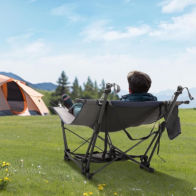 ALPHA CAMP Portable Hammock Bed with Stand, Foldable Lounge Camping Bed for Patio, Backyard, Garden, Poolside, Beach, Lawn, Porch Include Pillow, Storage Net, Side Pocket with Cup Holder