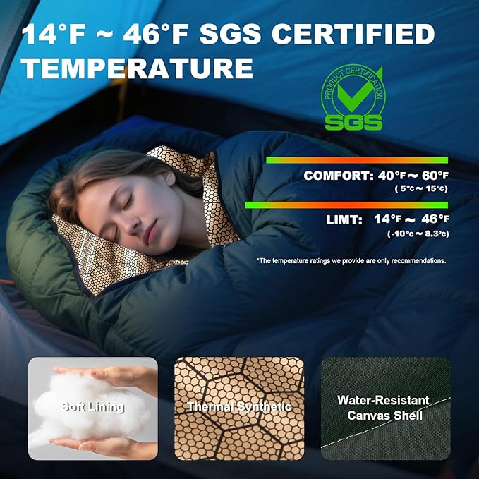 Sleeping Bag for Adults All Season 0 Degree,Cotton Canvas with YKK Zipper Compact Backpacking Mummy Camping Sleeping Bag