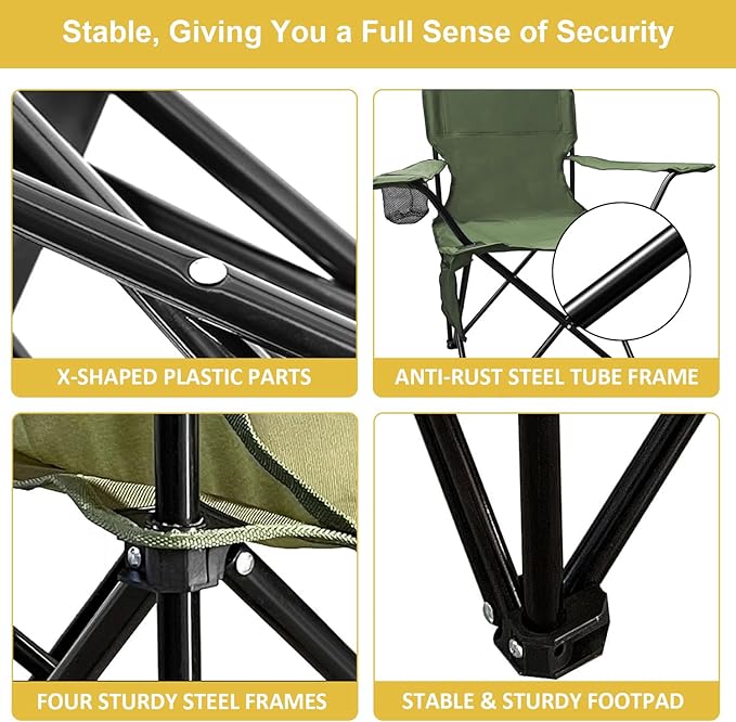 Camping Chair 2 Pack Portable Folding Chair, Supports 300lbs, Lightweight Stable Outdoor Chair for Camping Hiking Fishing Beach Travel Picnic, Compact Collapsible Camping Seat, Olive Green
