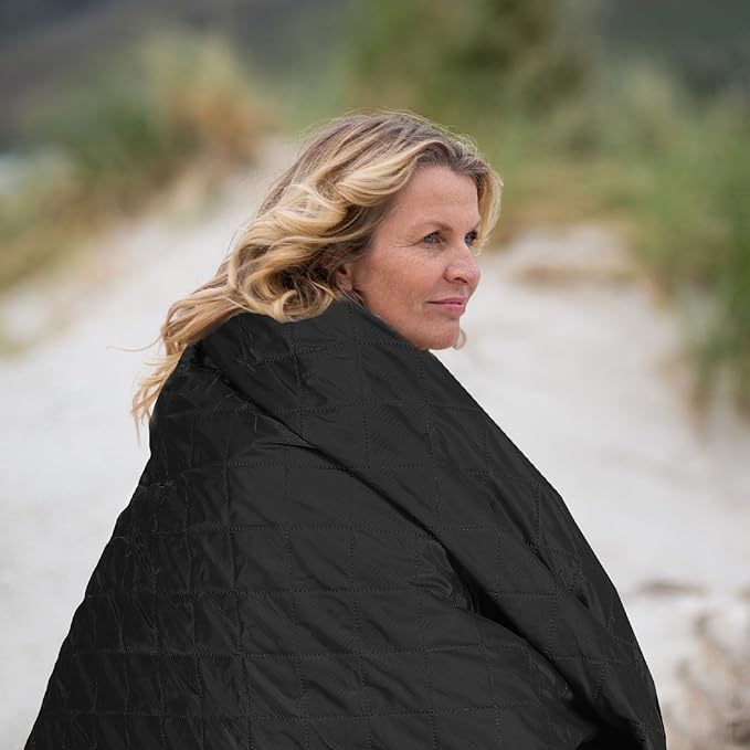 Tranqun 2 Large Outdoor Blanket 78'' x 55'' Quilted Windproof Waterproof Fleece Sandproof Stadium Foldable Warm Blanket for Camping Picnic Sporting Events Cold Weather (Black)