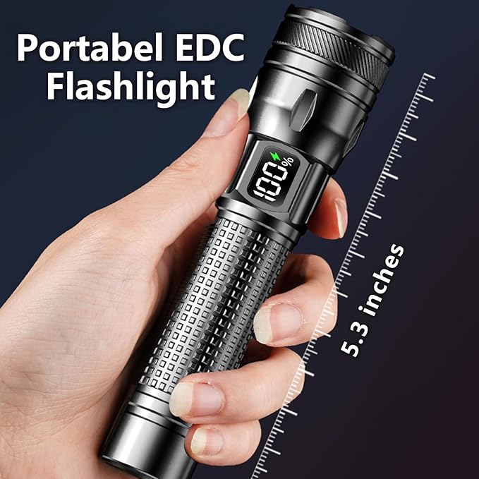 Gotellx Rechargeable LED Flashlights with Digital Power Display, Zoomable High Lumens Bright EDC Flashlight with USB C Charging Port for Home and Outdoor Emergency, Camping Essentials, Survival Gear