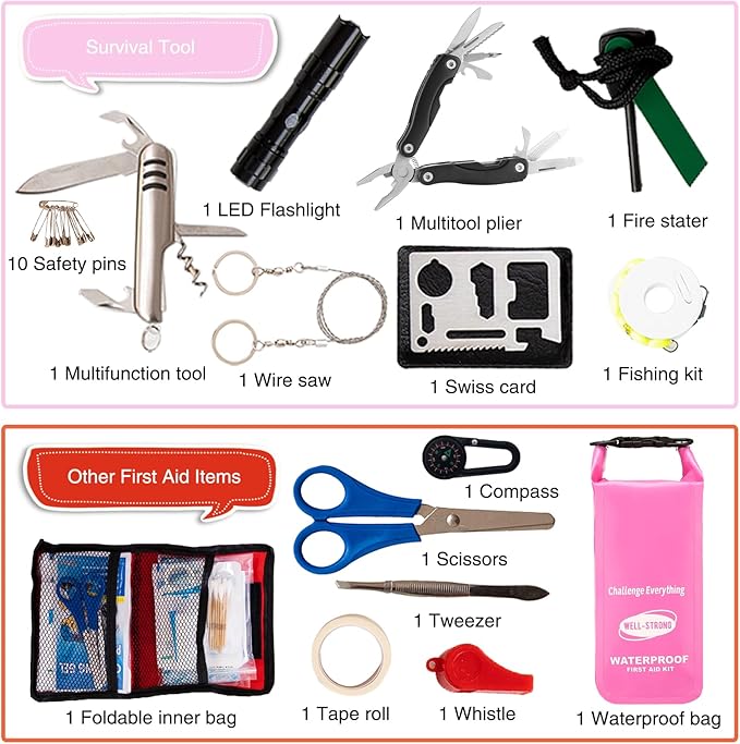 Boat First Aid Kit with Survival Tools, 123pcs Waterproof Emergency Marine Kit with Buckles, Compact Boat Safety Accessories for Fishing Kayaking Boating Camping Rafting Beach Pink