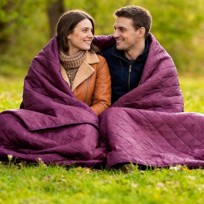 Waterproof Camping Blanket w/Sherpa Lining, Large Stadium Blankets for Outdoor Cold Weather, Windproof Emergency Throw, LightWeight and Warm for Hiking, Dog, Picnic, Washable, 67”X 87” (Purple, 1PCS)