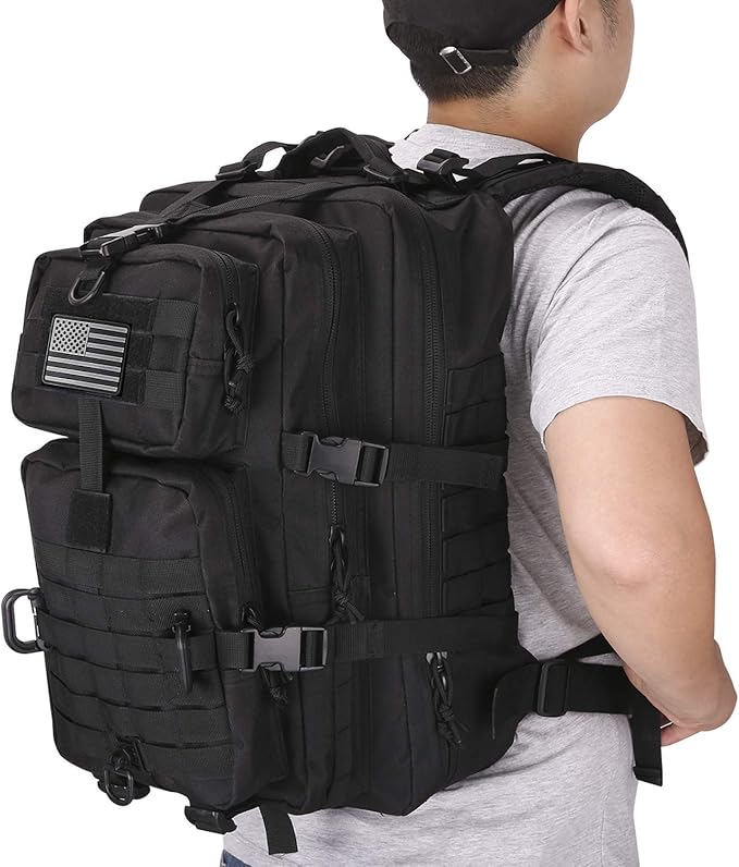 Hannibal Tactical MOLLE Assault Backpack, Tactical Backpack Military Army Camping Rucksack, 3-Day Pack, D-Rings, Black with Gray Patch