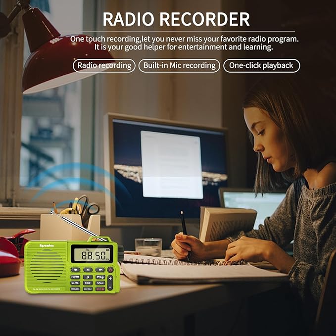 Portable AM/FM Radio, Digital Radio Recorder, Bluetooth 5.0 Speaker, Alarm & Sleep Function, 12/24H Time Display (Yellow Green)