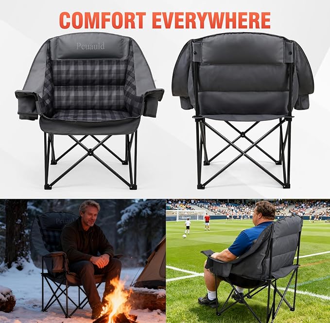 Camping Chairs for Adults 2 Pack Heavy Duty Padded Folding XL Camp Chair with Cup Holder, Supports 500lbs, Oversized Large Outdoor Widen Comfy Lawn Chairs for Tailgating Sports Beach
