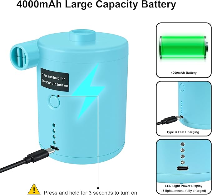 Air Pump for Air Mattress, Air Mattress Pump for Inflatables, Quick Fill Inflator Deflator Air Pump Perfect for Outdoor Camping Inflatable Boat Blow Up Pool Water Toy Car Air Bed