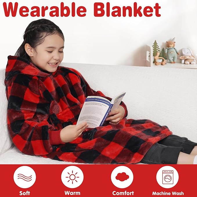 Waitu Wearable Blanket for Kids, Wearable Blanket Hoodie Gifts for Teens Girls and Boys, Warm Blanket Sweatshirt for Teenage, Hoodie Blanket with Sleeves - Red and Black Plaid