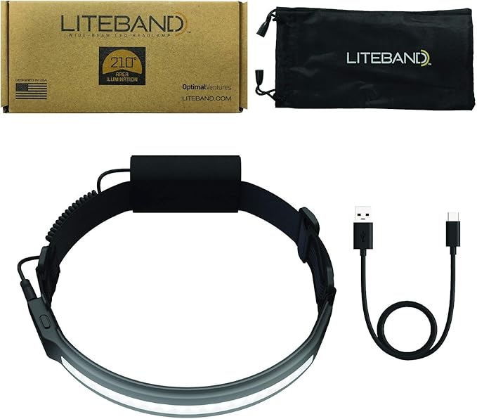 OPTIMAL VENTURES LITEBAND ACTIV Rechargeable LED Headlamp, 520 Lumens, 210° Wide Beam, Lightweight No-Bounce Fit, IPX4 Weather Resistant, Black