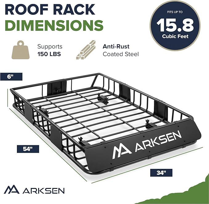 ARKSEN 54" x 34" x 6" Roof Rack Cargo Basket with Extension, 150 LBS Universal Heavy Duty Steel Rooftop Carrier for SUV, Truck, RV, Pickup