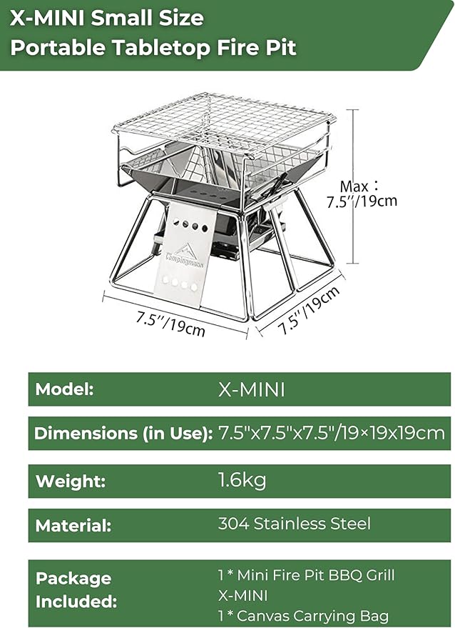 CAMPINGMOON X-MINI Small Size Portable Fire Pit, Mini Stainless Steel Tabletop Fire Pit Charcoal Grills for Camping, Solo Outdoor Cooking, Hiking BBQ Backpacking, with Carry Bag 7.5 inch