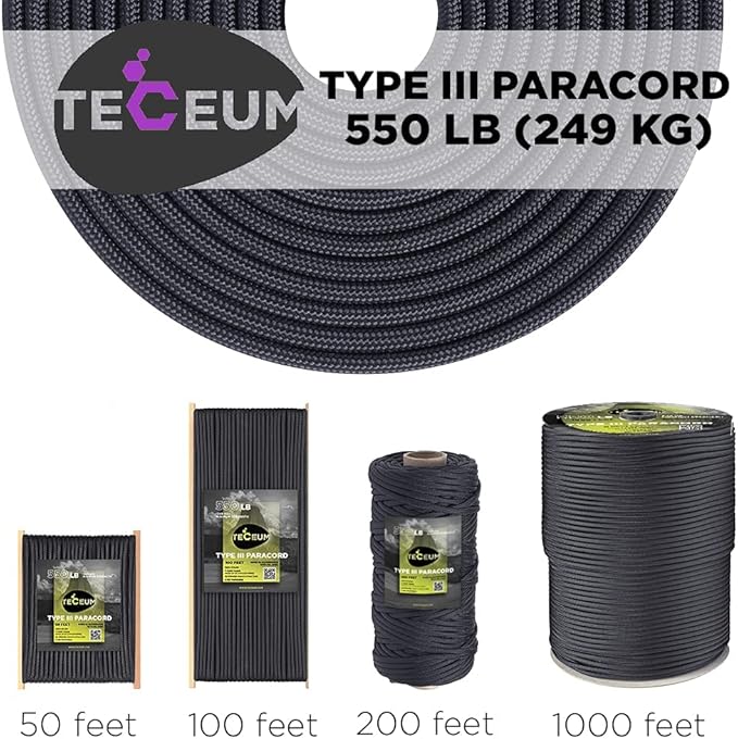 TECEUM Paracord Type III 550 Basalt – 1000 ft – 4mm – Tactical Rope MIL-SPEC – Outdoor para Cord –Camping Hiking Fishing Gear and Equipment – EDC Parachute Cord – Strong Survival Rope 409