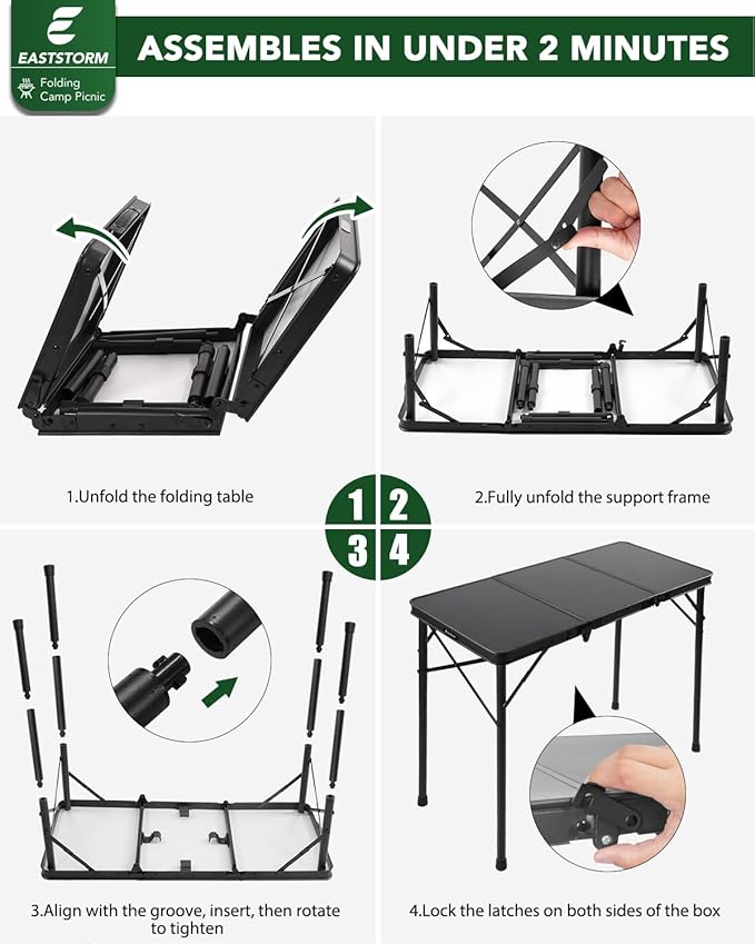 E EASTSTORM 3ft Folding Camping Table, Folding Table with 3 Adjustable Height, Portable Table with Handle, for Outdoor, Backyard, BBQ, Picnic, Cooking, RV, fits 2–4 People, Black