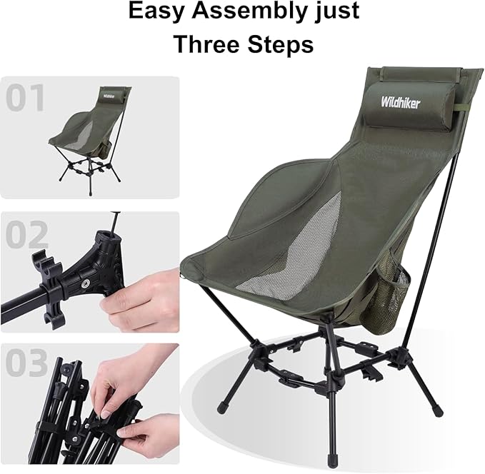 Wildhiker Compact High Back Camping Chair - Foldable with Dual Sitting Modes, Pillow, Arm Pads and Side Pockets - Lightweight Portable Chair for Motorcycle, RV, Festival, Travel - Black