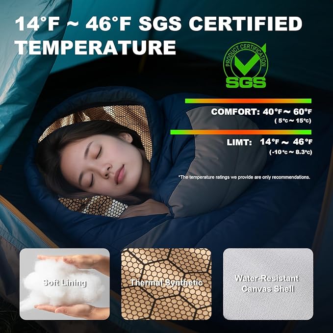 Sleeping Bag for Adults All Season 0 Degree,Cotton Canvas with YKK Zipper Compact Backpacking Mummy Camping Sleeping Bag
