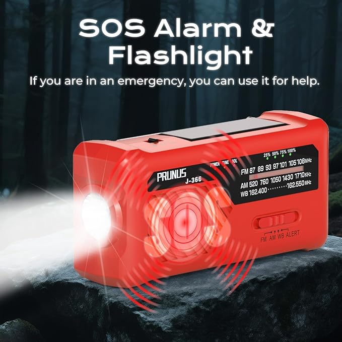 PRUNUS J-366 Emergency Radio with 3 Charging Cables, NOAA Weather Alert, 7400mWh/Solar/Hand Crank/USB-C Charging, Battery Operated, WB/AM/FM, SOS Alarm, Flashlight, Compact for Bag, NOAA Radio