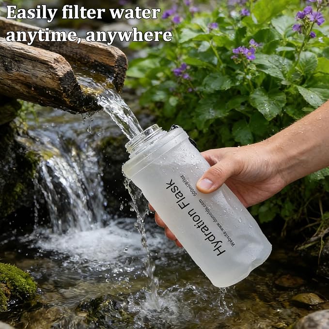 GUYI 500ml Collapsible Water Filter Bottle, Removes Impurities, BPA Free, Ultralight for Hiking, Camping, Cycling & Travel-White