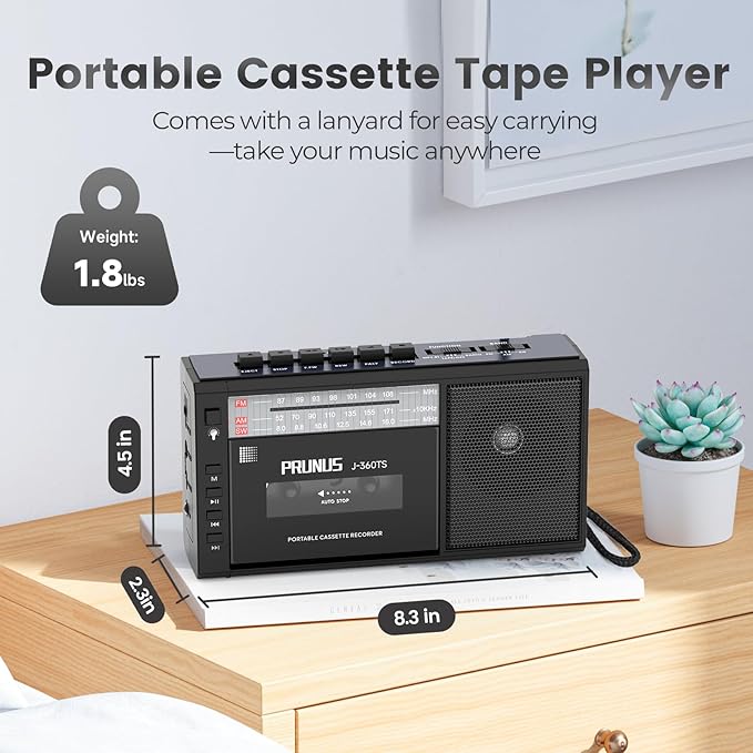 PRUNUS J-360 Cassette Tape Player Boombox with Solar/Rechargeable Battery Operated,AM FM Portable Radio,Bluetooth Tape Player Recorder,AUX/TF/USB Drive, Headphone Jack,Tape Recorder Cassette Player