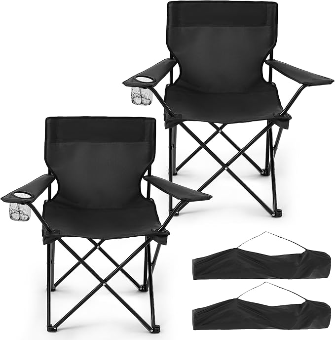 2 Pack Folding Camping Chairs for Adults,Foldable Portable Beach Chairs with Carry Bag & Cup Holder, Compact Design for Camping,Beach, Picnics,and Fishing Supports 300LBS(Dark Black)