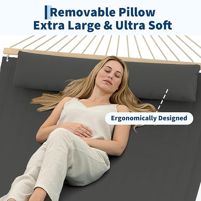 Hammocks 12 FT Double Quilted Fabric Hammock with Spreader Bar and Detachable Pillow, 2 Person Hammock for Outdoor Patio Backyard Poolside, 450lbs Weight Capacity