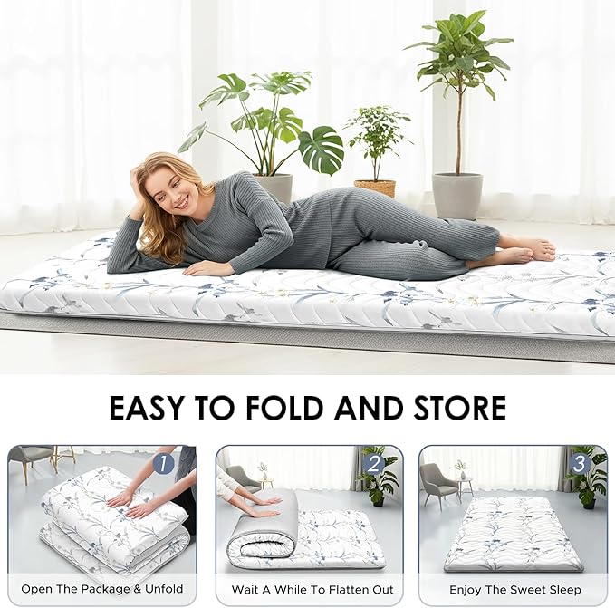 SCHNAUZER HOME Japanese Floor Mattress, 3.5" Thicken Ink Wash Floral Pattern Portable Futon Mattress, 100% High-Density Foam Tatami Mat Sleeping Pad for Camping Guest Room Dormitory RV, White, Twin