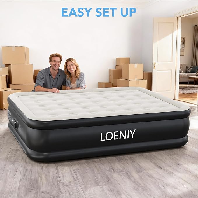 Full Air Mattress with Built-in Pump, 18” High Inflatable Mattress with Storage Bag, 3 Mins Easy Inflation/Deflation Blow up Mattress, Flocked Top Inflatable Bed for Camping, Guests & Adults