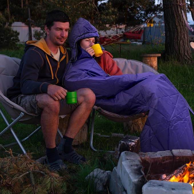 Large Outdoor Waterproof Blanket Extra Thick Fleece Stadium Blanket for Camping, Car, Pet, Picnics - Windproof, Wearable, Machine Washable 80" x 58" (Purple,Hooded)