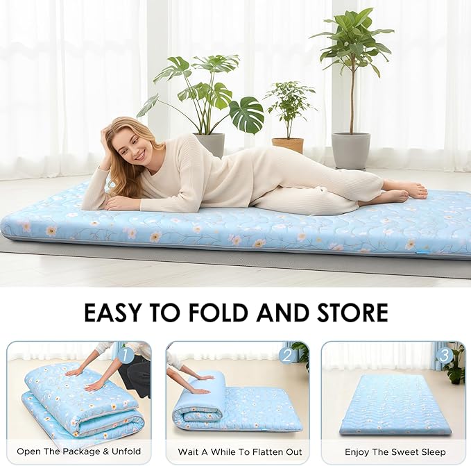 SCHNAUZER HOME Japanese Floor Mattress, 3.5" Thicken Floral Pattern Portable Futon Mattress, 100% High-Density Foam Tatami Mat Sleeping Pad for Camping Guest Room Dormitory RV, Light Blue, Twin