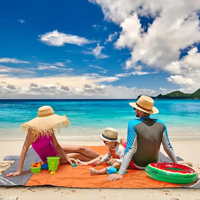 covacure Extra Large Beach Blanket Sandproof Waterproof - 108"x85" for 7-8 Adults, Oversized Beach Mat with Zipper Pockets, Lightweight Outdoor Accessories for Camping, Travel (Orange-M, 108"x85.2")