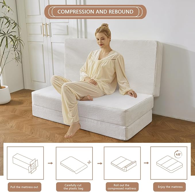 BYBYME Tri-Folding Corduroy Mattress, 6 Inches Gel Folding Mattress Topper, Foldable Soft Guest Bed Camping Pad, Washable Cover (Beige, Full)