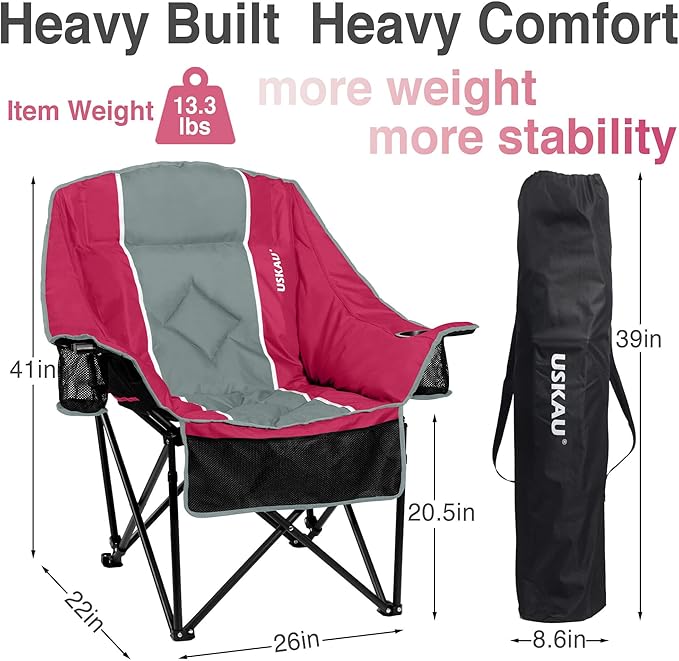 Oversized Camping Chair for Adults - Heavy Duty 400 lbs Padded Folding Chair with Wine Glass Holder, 2 Cup Holders & Side Pockets, Portable Carry Bag for RV, Tailgating, Lawn