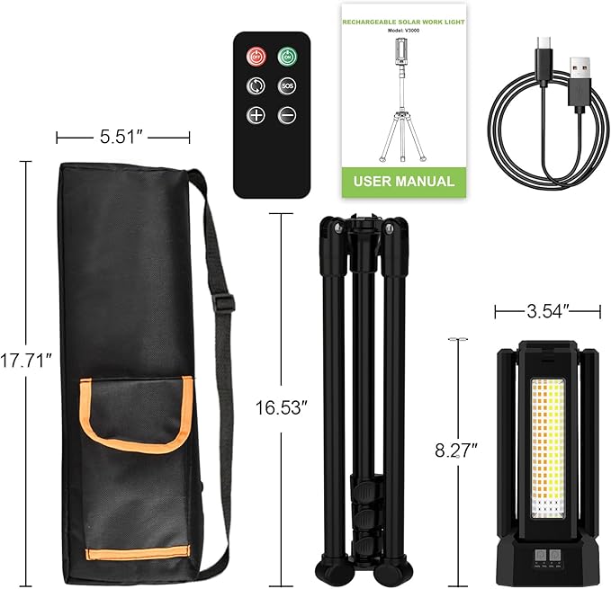 iodoo 13200mAh Rechargeable Solar Work Light with Folding Stand Support and Portable Carrying Bag, 8000 Lumen Stepless Dimmable, 4 Lighting Modes, White/Warm/Warm White (Black(Standard))