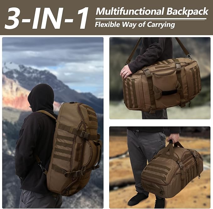 Hannibal Tactical 65L Large Duffle Bag, 3-in-1 Tactical Backpack MOLLE Pack for Sports, Gym, Outdoor, Dark Brown