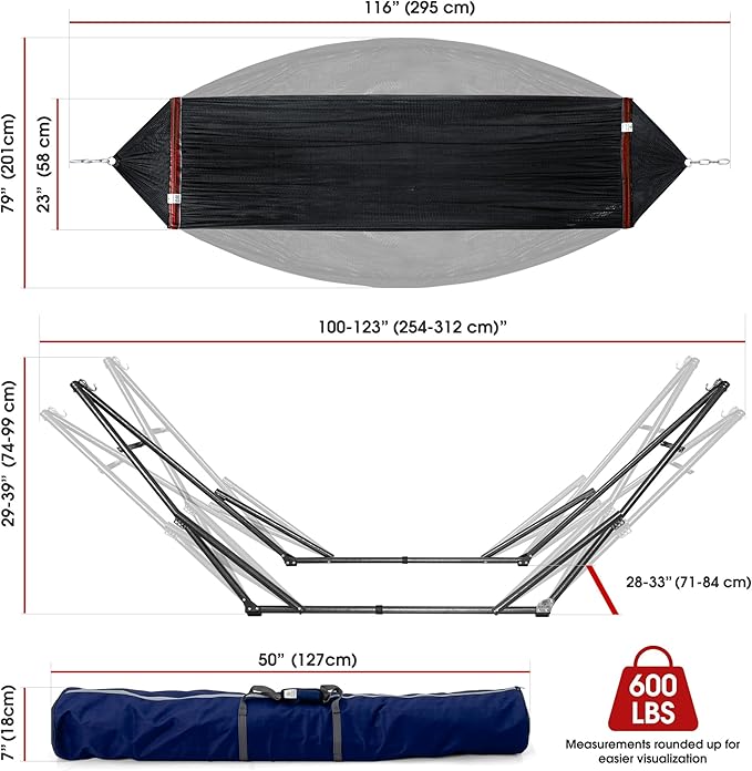 Tranquillo 600 lbs Capacity Adjustable Hammock Stand, Collapsible Camping Hammock and Stand, Steel Double Hammock Stand for 2 Persons, Portable Everywhere Easy Assembly Non-Slip and Noise-Free, Black