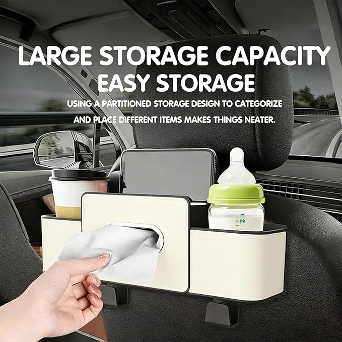 UKM 3-in-1 Back Seat Car Organizer, Car Backseat Storage Box with Cup Holder, Tissue Box&Hooks, Multifunctional Waterproof Storage for Hold Phones Drinks Handbags (Black)