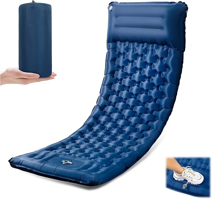 Toncoke Sleeping Pad, 4.7" Extra-Thick & Ultralight Inflatable Camping Mat with Pillow, Built-in Foot Pump, Compact for Backpacking, Camping, Hiking, Travel — Navy Blue