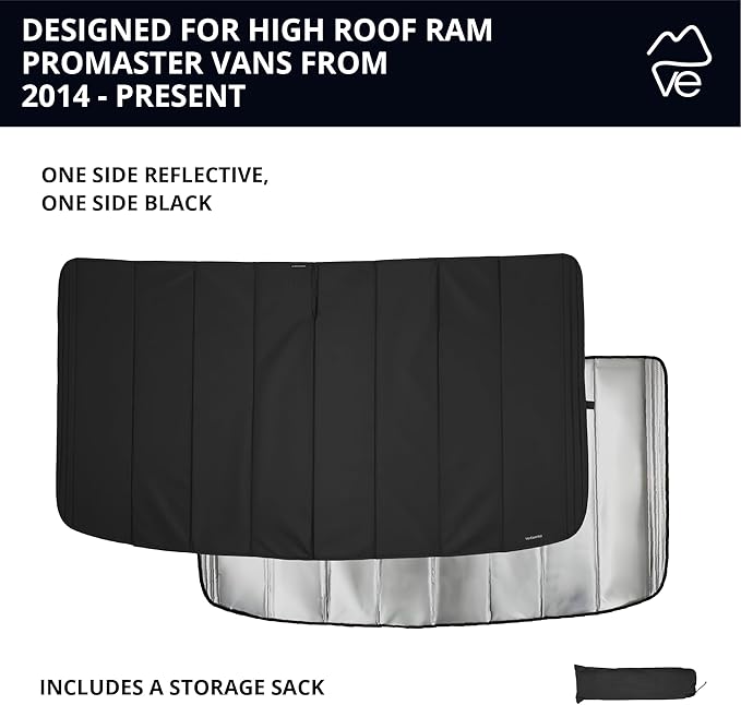 VanEssential Insulated Reflective Blackout Front Windshield Cover Designed for RAM Promaster Van Years 2014 to Current Model - Black Reflective