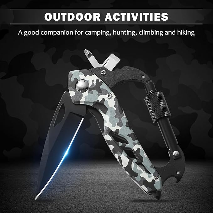 Carabiner Multitool 6-in-1 EDC Carabiners Pocket Knife, Window Breaker, Bottle Opener and Screwdriver,Camping and Mountaineering Survival Equipment for Everyday Carry, Gifts for Men Women(Camo)