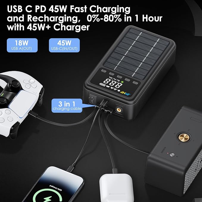JIYHF Portable Power Station 74Wh, Solar Generator & Backup Power with 45W USB-C PD, 3000A Jump Starter with Air Compressor, Ideal as a Portable Power for Emergency, car Battery Jumper, RV, inflate